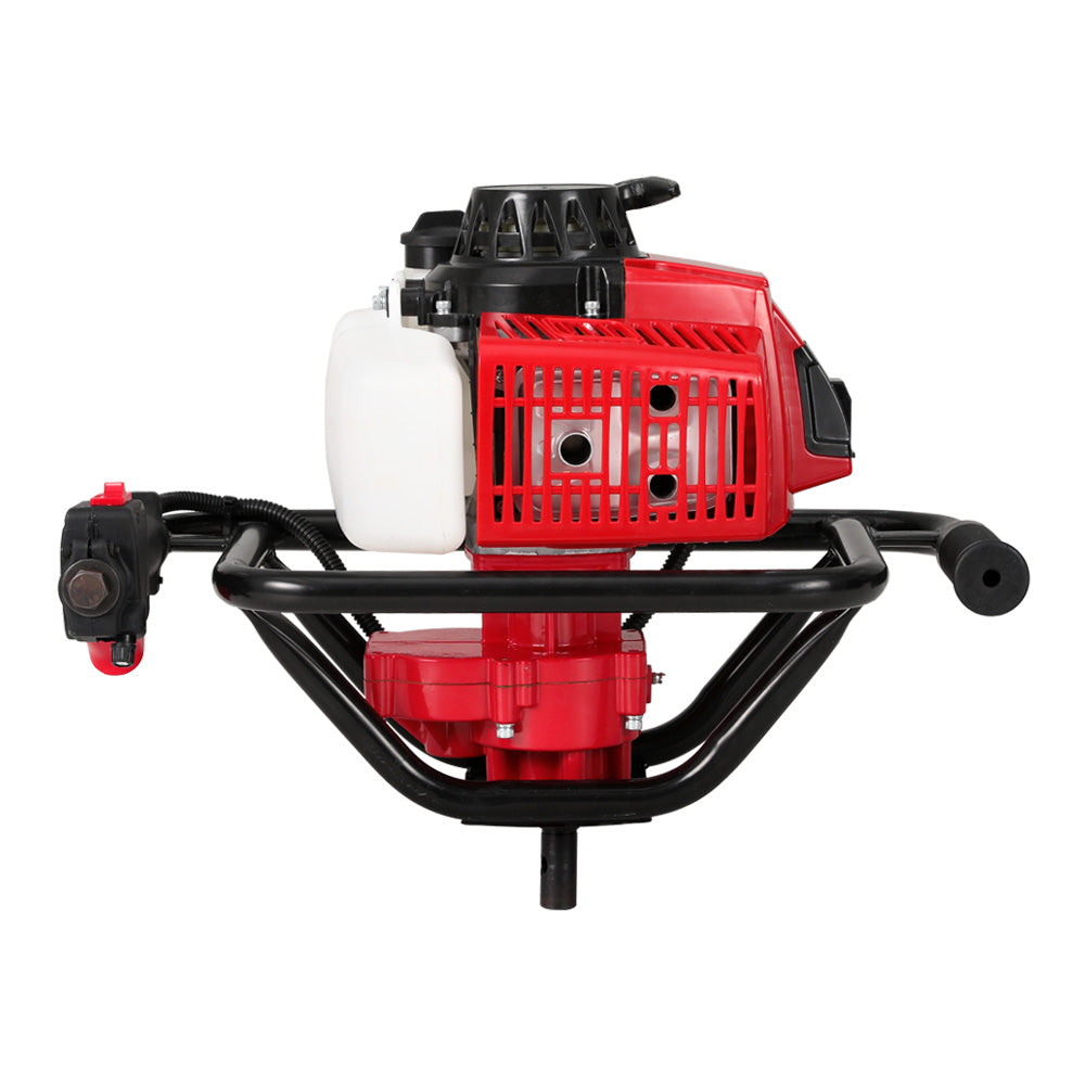 Image of a Giantz 92CC Post Hole Digger Motor Only Engine Petrol Red with a robust 92cc engine. The device features an advanced vertical gearbox design, vented housing for cooling, and two handles for easy operation. The engine has a pull-start mechanism on top, and there is an attached fuel tank.