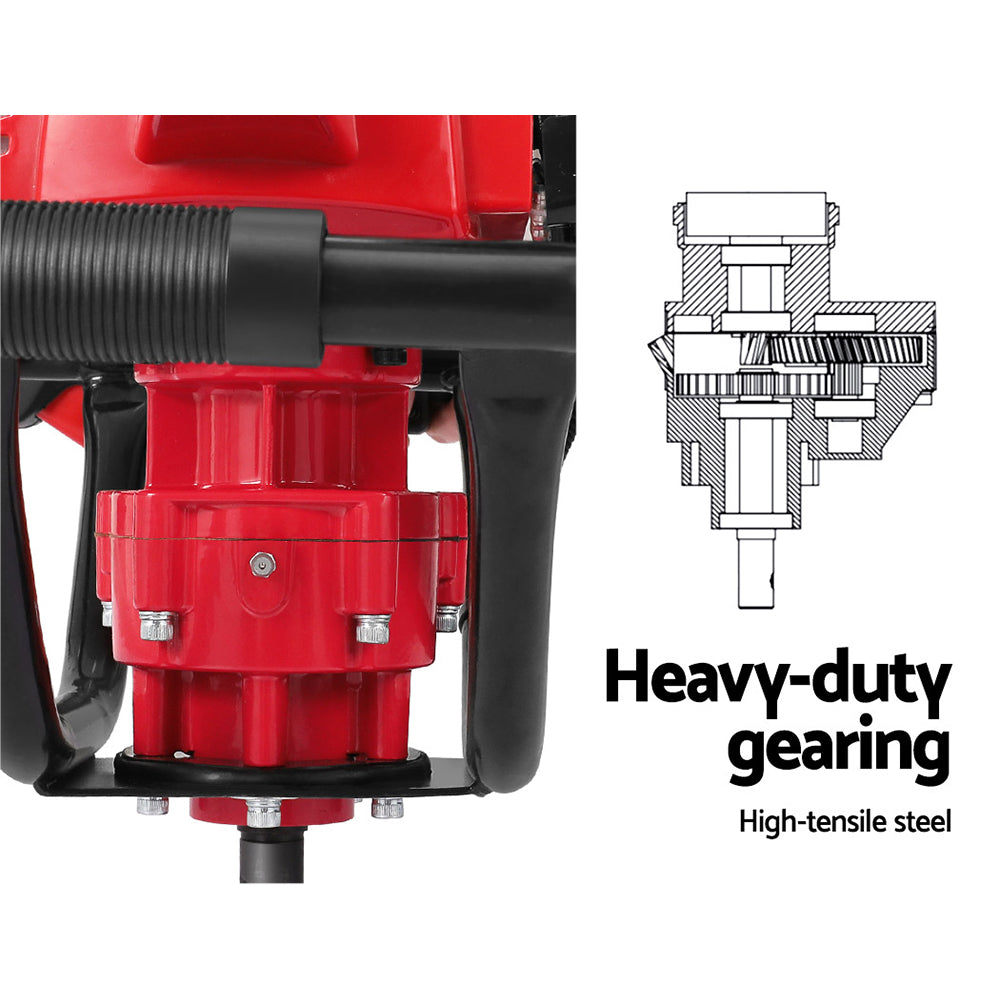 Image of a Giantz 92CC Post Hole Digger Motor Only Engine Petrol Red with a robust 92cc engine. The device features an advanced vertical gearbox design, vented housing for cooling, and two handles for easy operation. The engine has a pull-start mechanism on top, and there is an attached fuel tank.