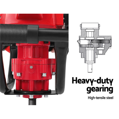 Image of a Giantz 92CC Post Hole Digger Motor Only Engine Petrol Red with a robust 92cc engine. The device features an advanced vertical gearbox design, vented housing for cooling, and two handles for easy operation. The engine has a pull-start mechanism on top, and there is an attached fuel tank.