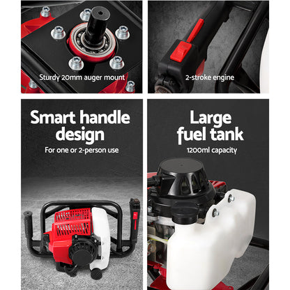 Image of a Giantz 92CC Post Hole Digger Motor Only Engine Petrol Red with a robust 92cc engine. The device features an advanced vertical gearbox design, vented housing for cooling, and two handles for easy operation. The engine has a pull-start mechanism on top, and there is an attached fuel tank.