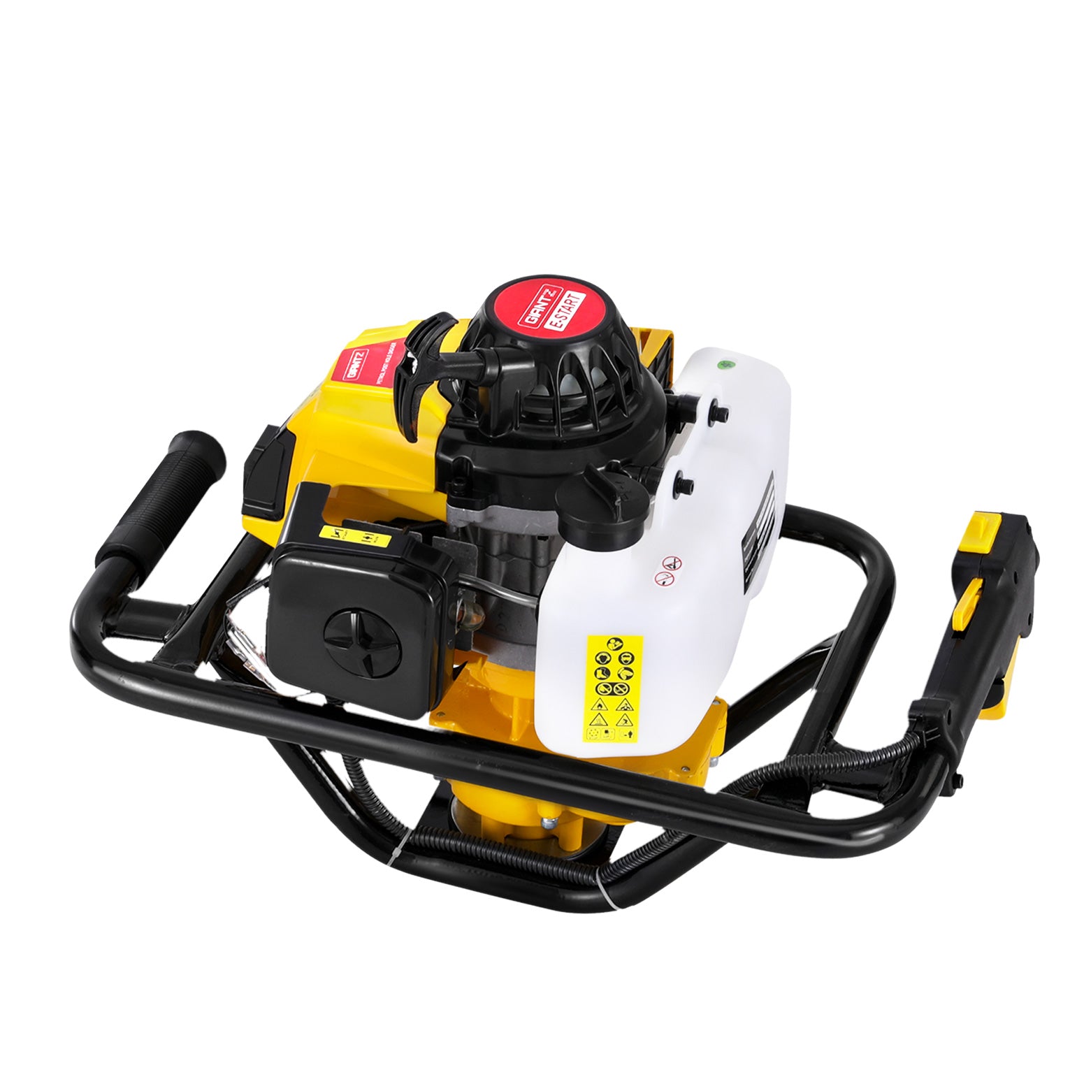 A Giantz 82CC Post Hole Digger Motor Only Petrol Engine Yellow, featuring a black handle frame and various control labels. The machine has a red pull-start handle on top, a white fuel tank, and an advanced vertical gearbox. The auger bit is not attached in this image.