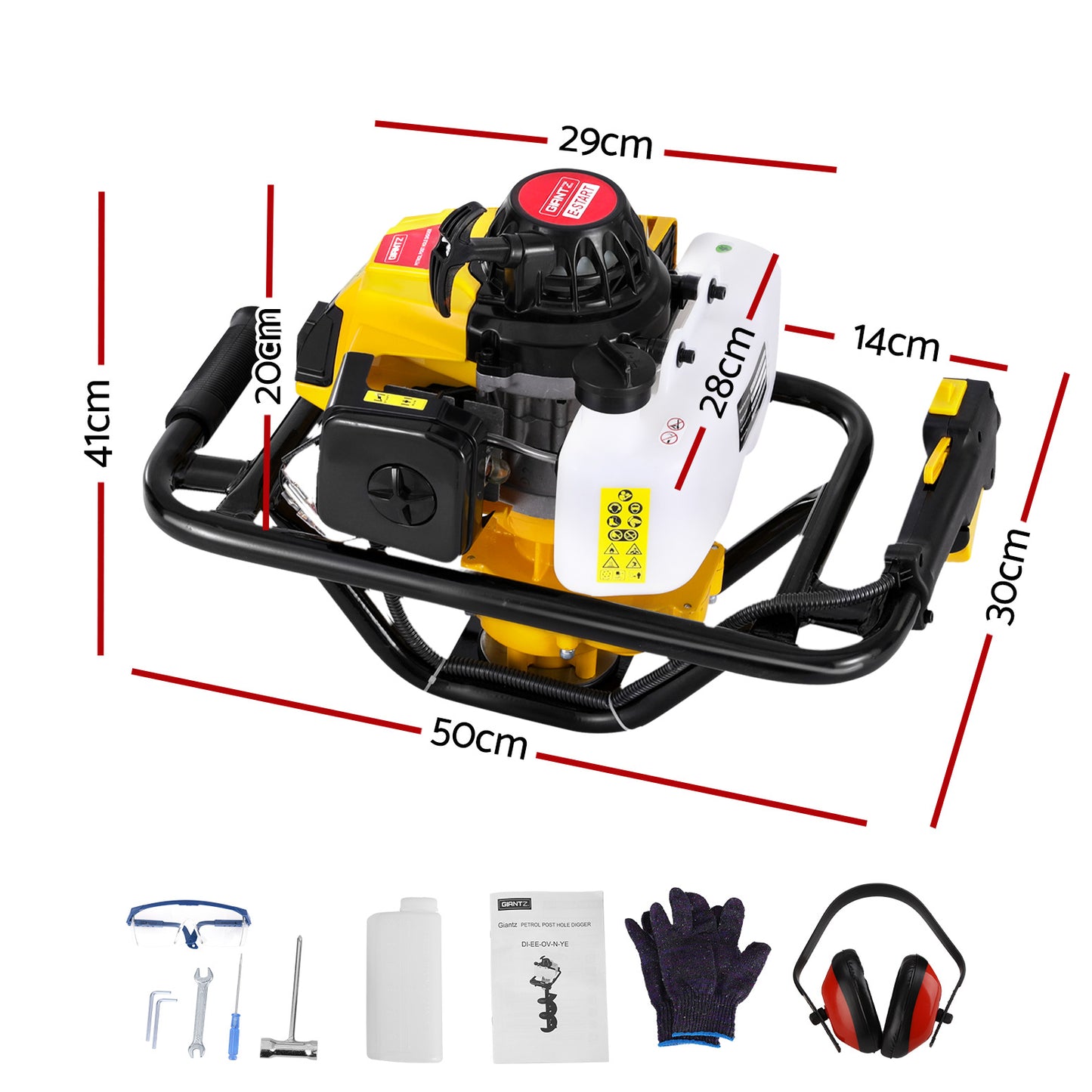 A Giantz 82CC Post Hole Digger Motor Only Petrol Engine Yellow, featuring a black handle frame and various control labels. The machine has a red pull-start handle on top, a white fuel tank, and an advanced vertical gearbox. The auger bit is not attached in this image.