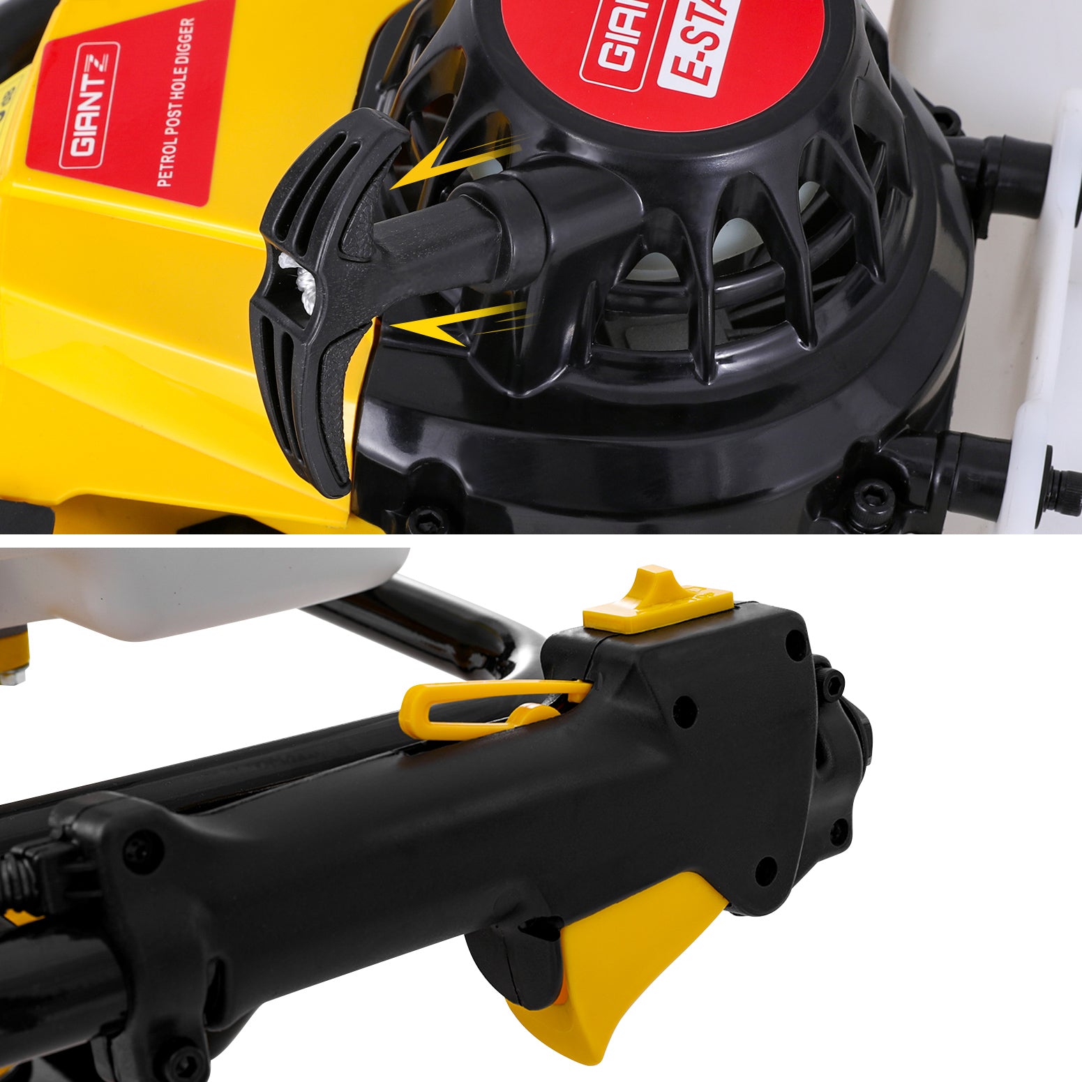 A Giantz 82CC Post Hole Digger Motor Only Petrol Engine Yellow, featuring a black handle frame and various control labels. The machine has a red pull-start handle on top, a white fuel tank, and an advanced vertical gearbox. The auger bit is not attached in this image.