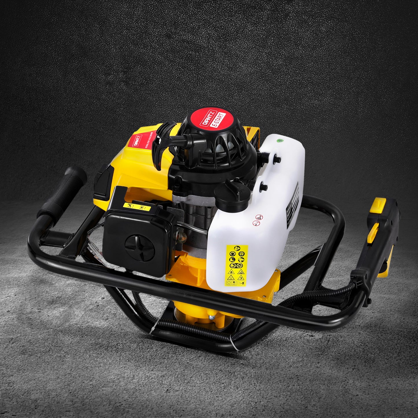 A Giantz 82CC Post Hole Digger Motor Only Petrol Engine Yellow, featuring a black handle frame and various control labels. The machine has a red pull-start handle on top, a white fuel tank, and an advanced vertical gearbox. The auger bit is not attached in this image.