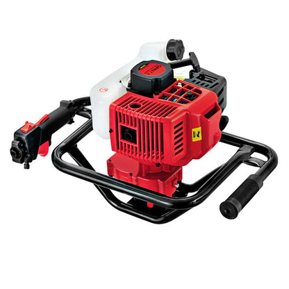 A Giantz 92CC Post Hole Digger Motor Only Petrol Engine Red with a white fuel tank, mounted on a metal frame. It features a throttle control on the handle, a ventilation grid on the engine casing, and boasts a 92cc engine. The auger bit attachment is not visible in the image.