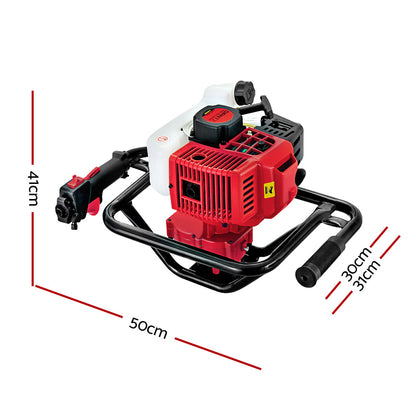 A Giantz 92CC Post Hole Digger Motor Only Petrol Engine Red with a white fuel tank, mounted on a metal frame. It features a throttle control on the handle, a ventilation grid on the engine casing, and boasts a 92cc engine. The auger bit attachment is not visible in the image.