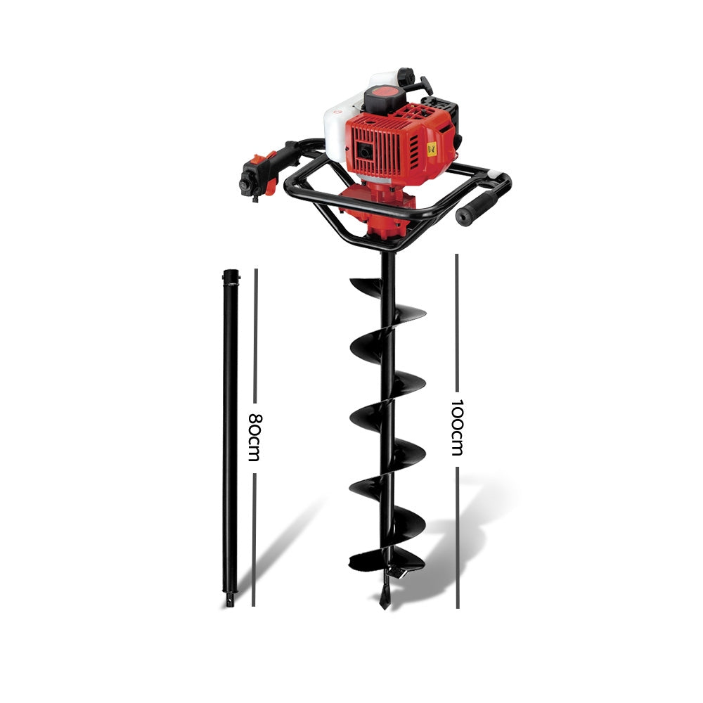 Close-up image showcasing the features of a black Giantz 92CC Post Hole Digger 200mm Petrol Drill Extension Bits Auger. The top section highlights the auger's unique design and replaceable blades, powered by a robust petrol engine. The middle and bottom sections display a single black extension pole with connectors.