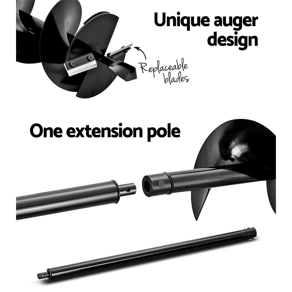 Close-up image showcasing the features of a black Giantz 92CC Post Hole Digger 200mm Petrol Drill Extension Bits Auger. The top section highlights the auger's unique design and replaceable blades, powered by a robust petrol engine. The middle and bottom sections display a single black extension pole with connectors.