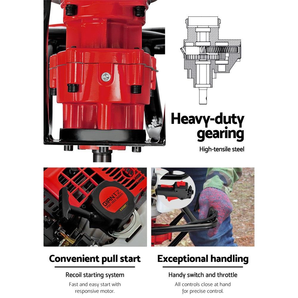 Close-up image showcasing the features of a black Giantz 92CC Post Hole Digger 200mm Petrol Drill Extension Bits Auger. The top section highlights the auger's unique design and replaceable blades, powered by a robust petrol engine. The middle and bottom sections display a single black extension pole with connectors.