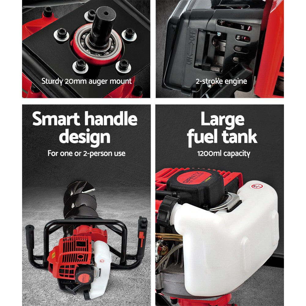 Close-up image showcasing the features of a black Giantz 92CC Post Hole Digger 200mm Petrol Drill Extension Bits Auger. The top section highlights the auger's unique design and replaceable blades, powered by a robust petrol engine. The middle and bottom sections display a single black extension pole with connectors.