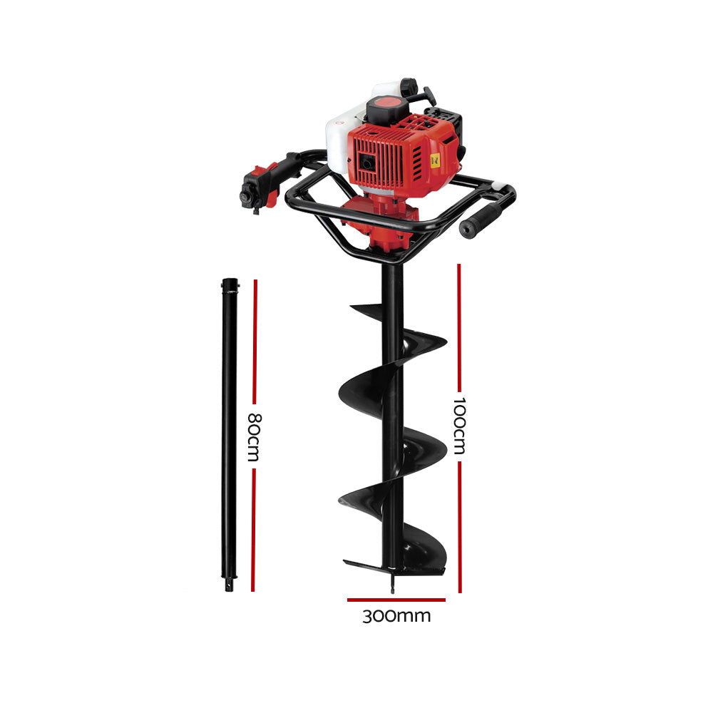 A red and black mechanical device with several vents is showcased. The text "Good ventilation: Large vent ensures smooth air flow" is at the top. An inset image highlights a vent with a finger pointing towards it, accompanied by the text "Premium housing". Integrated into this setup is an efficient Giantz 92CC Post Hole Digger 300mm Petrol Drill Extension Bits Auger.