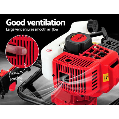 A red and black mechanical device with several vents is showcased. The text "Good ventilation: Large vent ensures smooth air flow" is at the top. An inset image highlights a vent with a finger pointing towards it, accompanied by the text "Premium housing". Integrated into this setup is an efficient Giantz 92CC Post Hole Digger 300mm Petrol Drill Extension Bits Auger.