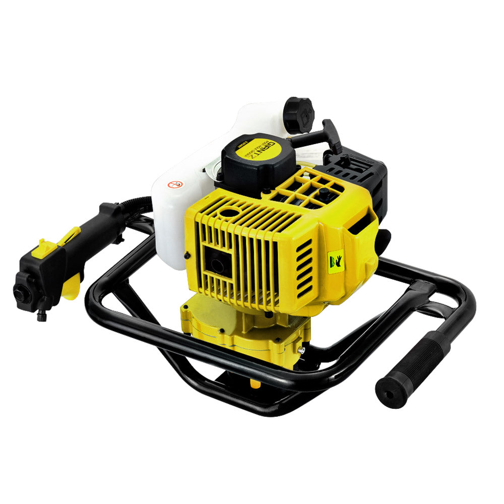 A Giantz 92CC Post Hole Digger Motor Only Petrol Engine Yellow sits on a metal frame with handles for ease of use. The device features control handles and a vibration-dampening system for effective operation.