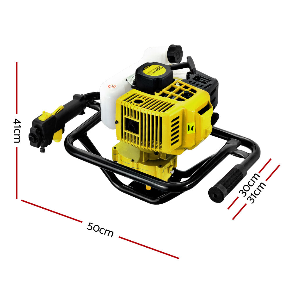 A Giantz 92CC Post Hole Digger Motor Only Petrol Engine Yellow sits on a metal frame with handles for ease of use. The device features control handles and a vibration-dampening system for effective operation.