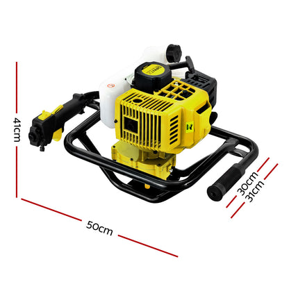 A Giantz 92CC Post Hole Digger Motor Only Petrol Engine Yellow sits on a metal frame with handles for ease of use. The device features control handles and a vibration-dampening system for effective operation.