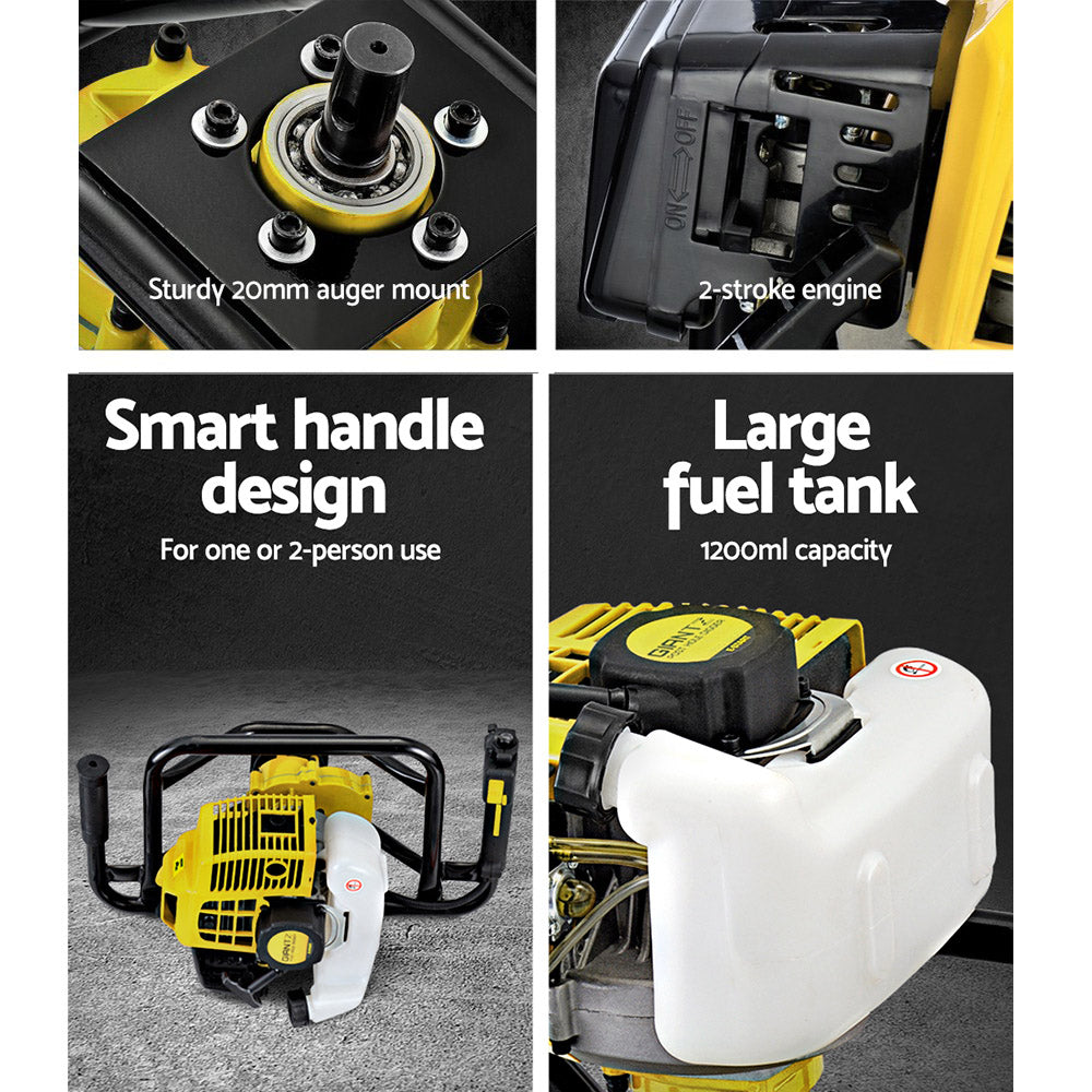 A Giantz 92CC Post Hole Digger Motor Only Petrol Engine Yellow sits on a metal frame with handles for ease of use. The device features control handles and a vibration-dampening system for effective operation.