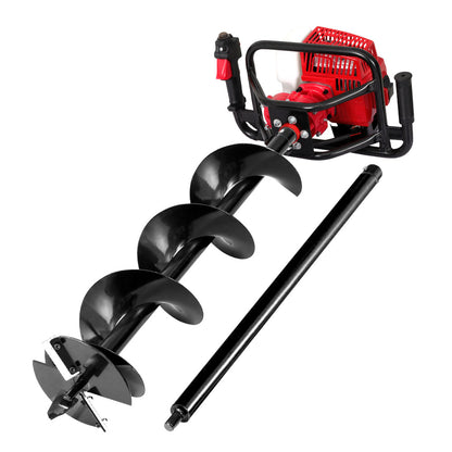 A black and red Giantz 80CC Post Hole Digger 200mm Petrol Drill Extension Auger Bits is shown on a white background. The auger features a robust metal drill bit with spiral blades for digging holes in the ground and comes with a detachable extension.