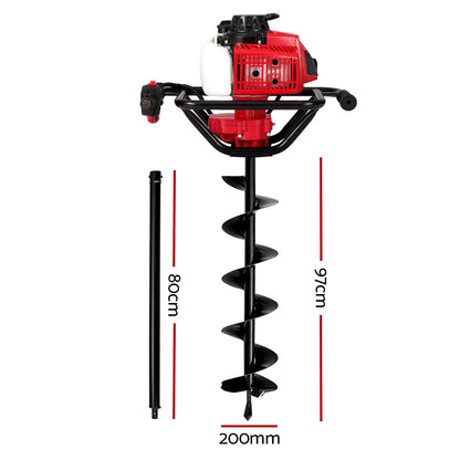 A black and red Giantz 80CC Post Hole Digger 200mm Petrol Drill Extension Auger Bits is shown on a white background. The auger features a robust metal drill bit with spiral blades for digging holes in the ground and comes with a detachable extension.