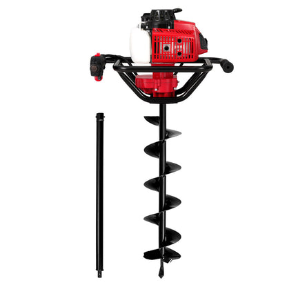 A black and red Giantz 80CC Post Hole Digger 200mm Petrol Drill Extension Auger Bits is shown on a white background. The auger features a robust metal drill bit with spiral blades for digging holes in the ground and comes with a detachable extension.