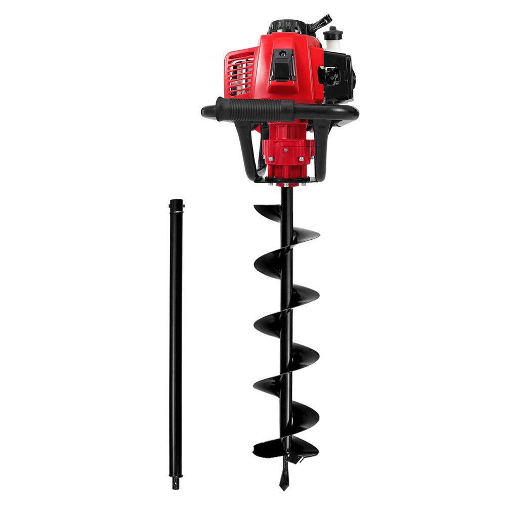 A black and red Giantz 80CC Post Hole Digger 200mm Petrol Drill Extension Auger Bits is shown on a white background. The auger features a robust metal drill bit with spiral blades for digging holes in the ground and comes with a detachable extension.