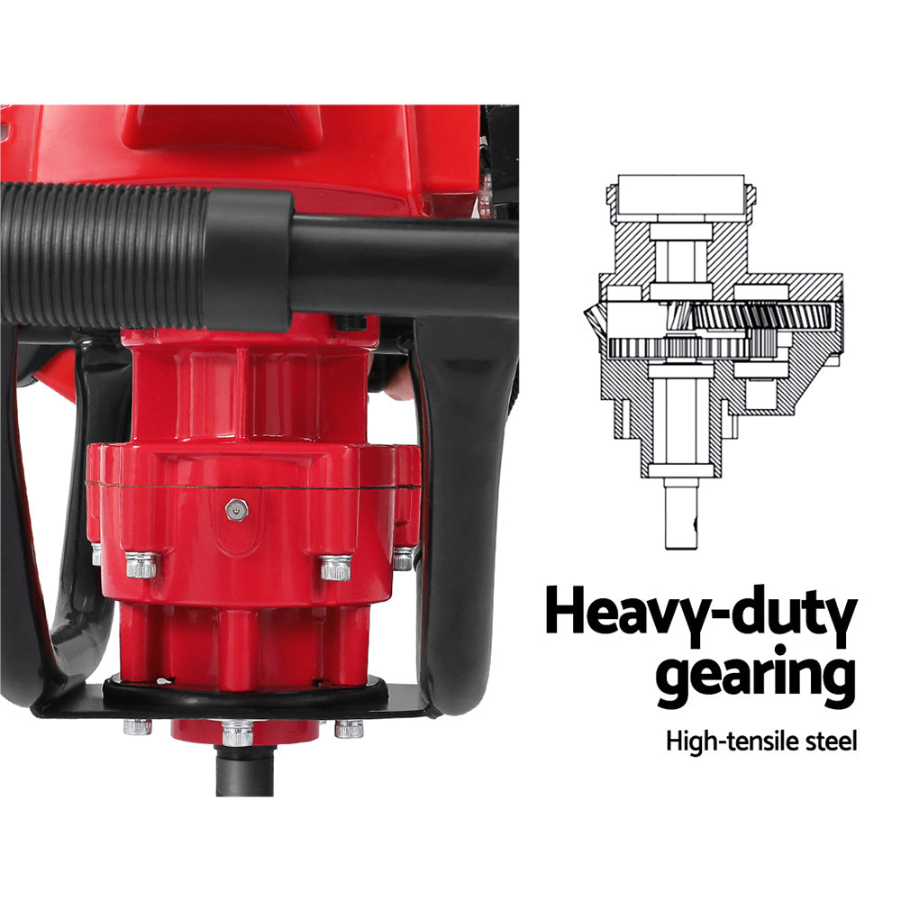 A black and red Giantz 80CC Post Hole Digger 200mm Petrol Drill Extension Auger Bits is shown on a white background. The auger features a robust metal drill bit with spiral blades for digging holes in the ground and comes with a detachable extension.