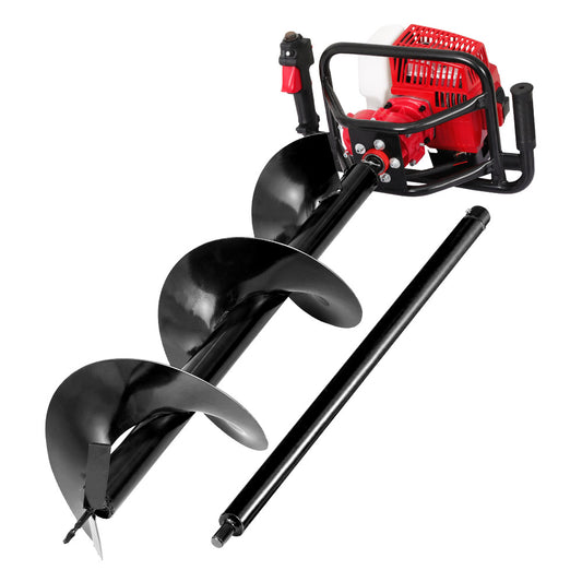 An image of a Giantz 80CC Post Hole Digger 300mm Petrol Drill Extension Auger Bits, which is red and black handheld with an 80cc petrol engine and a spiral drill bit. The auger is designed for digging holes, often used for fence posts or planting. The drill bit is detached and placed beside the engine and handle section.