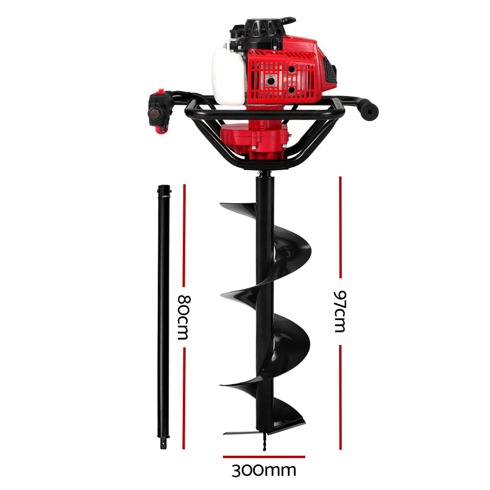 An image of a Giantz 80CC Post Hole Digger 300mm Petrol Drill Extension Auger Bits, which is red and black handheld with an 80cc petrol engine and a spiral drill bit. The auger is designed for digging holes, often used for fence posts or planting. The drill bit is detached and placed beside the engine and handle section.