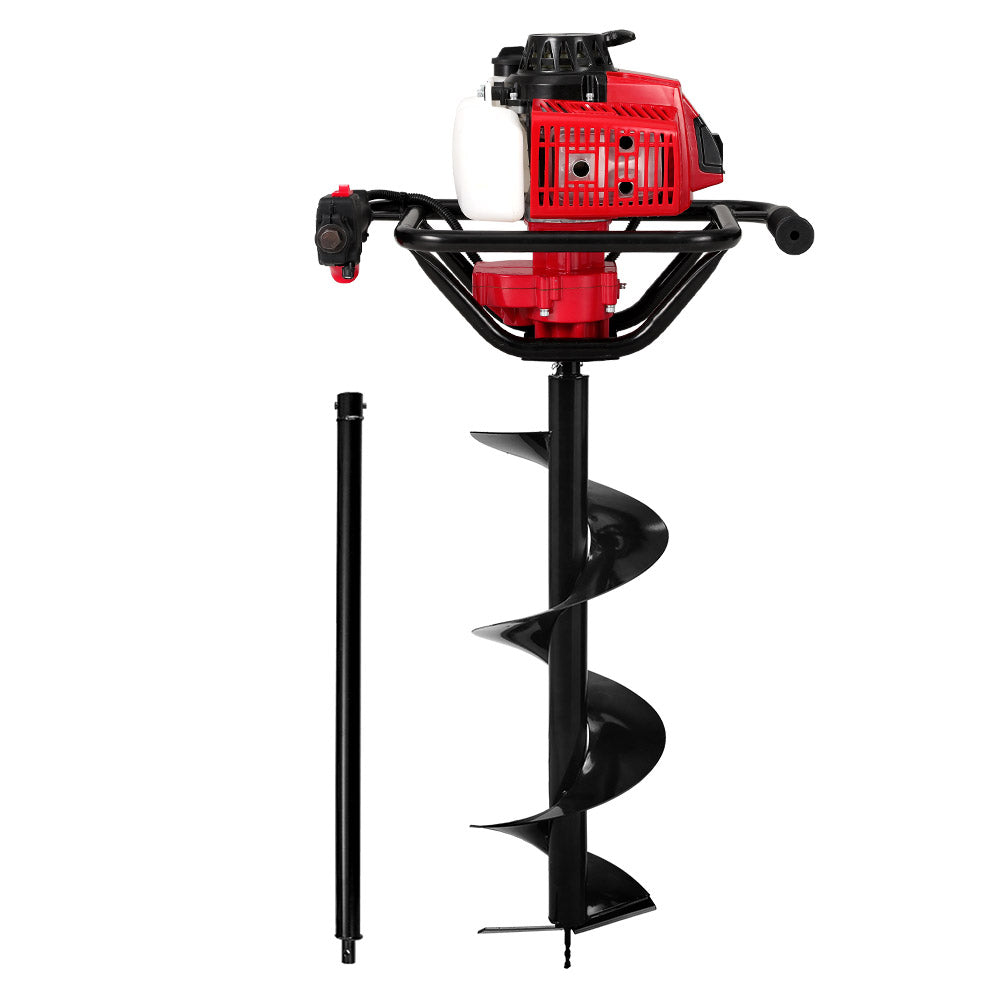 An image of a Giantz 80CC Post Hole Digger 300mm Petrol Drill Extension Auger Bits, which is red and black handheld with an 80cc petrol engine and a spiral drill bit. The auger is designed for digging holes, often used for fence posts or planting. The drill bit is detached and placed beside the engine and handle section.