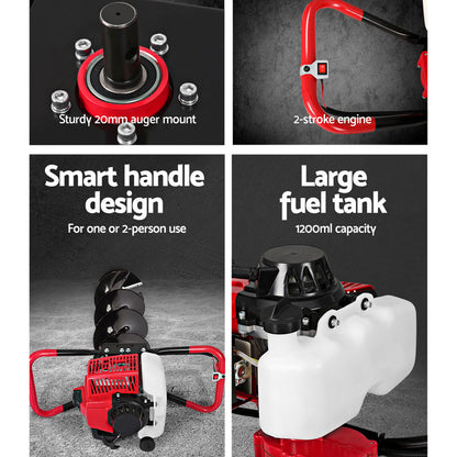 A red and black Giantz 80CC Post Hole Digger Petrol Motor Drill Extension Auger Bits is displayed, featuring multiple black drill bits of different sizes and extensions. This power auger is designed for deep hole boring, making it ideal for planting or other ground-drilling tasks. The equipment has an engine and handles for manual operation.