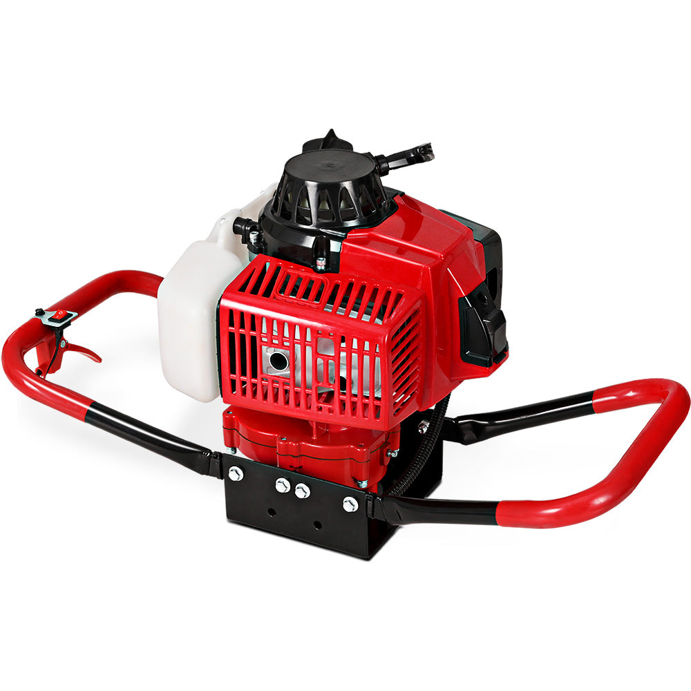 A Giantz 80CC Petrol Post Hole Digger Motor Only Engine Red with a white fuel tank, ergonomic handles, and a protective engine cover. The device is designed for manual earth drilling, featuring sturdy construction, an 80cc engine and user-friendly controls.