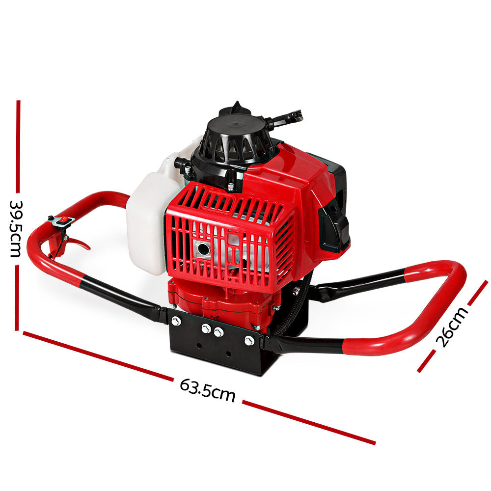 A Giantz 80CC Petrol Post Hole Digger Motor Only Engine Red with a white fuel tank, ergonomic handles, and a protective engine cover. The device is designed for manual earth drilling, featuring sturdy construction, an 80cc engine and user-friendly controls.