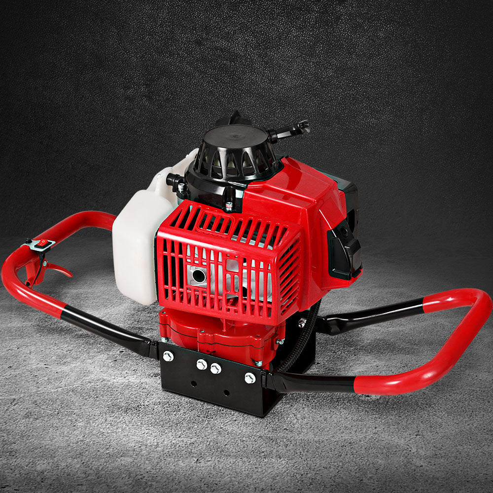 A Giantz 80CC Petrol Post Hole Digger Motor Only Engine Red with a white fuel tank, ergonomic handles, and a protective engine cover. The device is designed for manual earth drilling, featuring sturdy construction, an 80cc engine and user-friendly controls.