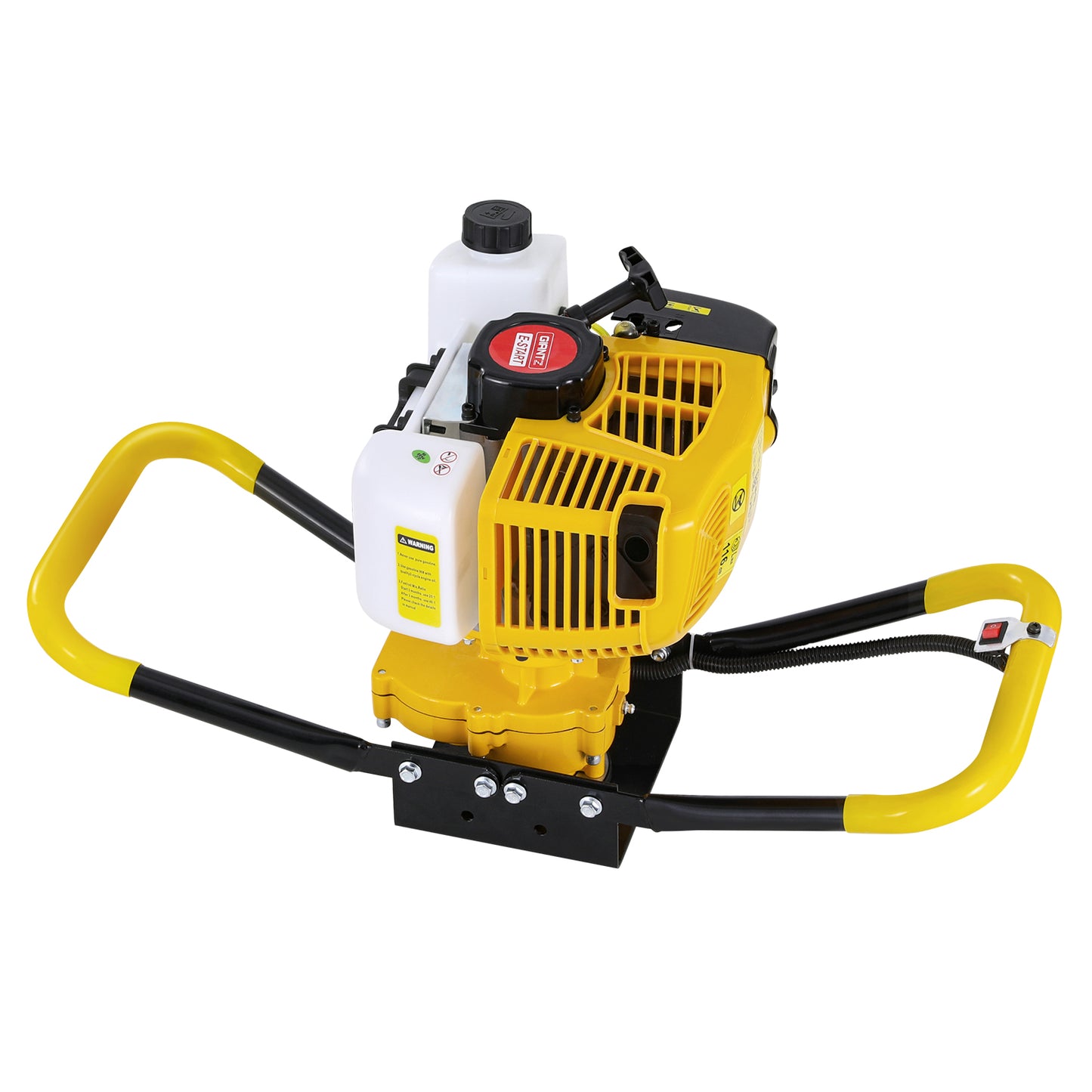 A yellow and black Giantz 74CC Post Hole Digger Motor Only Petrol Engine Yellow is shown. The device features heavy-duty steel construction, a white fuel tank on top, a yellow engine casing, and two large yellow handles with black grips on either side for stability and control.