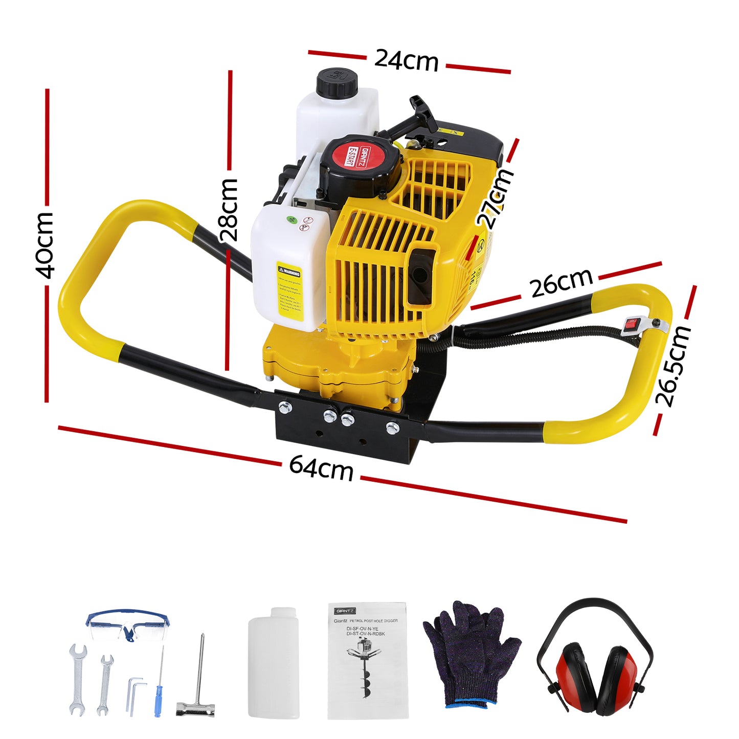 A yellow and black Giantz 74CC Post Hole Digger Motor Only Petrol Engine Yellow is shown. The device features heavy-duty steel construction, a white fuel tank on top, a yellow engine casing, and two large yellow handles with black grips on either side for stability and control.