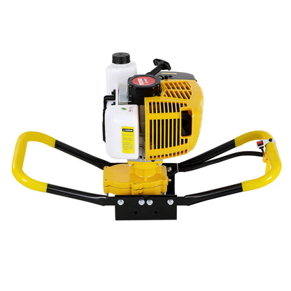 A yellow and black Giantz 74CC Post Hole Digger Motor Only Petrol Engine Yellow is shown. The device features heavy-duty steel construction, a white fuel tank on top, a yellow engine casing, and two large yellow handles with black grips on either side for stability and control.