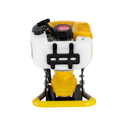 A yellow and black Giantz 74CC Post Hole Digger Motor Only Petrol Engine Yellow is shown. The device features heavy-duty steel construction, a white fuel tank on top, a yellow engine casing, and two large yellow handles with black grips on either side for stability and control.