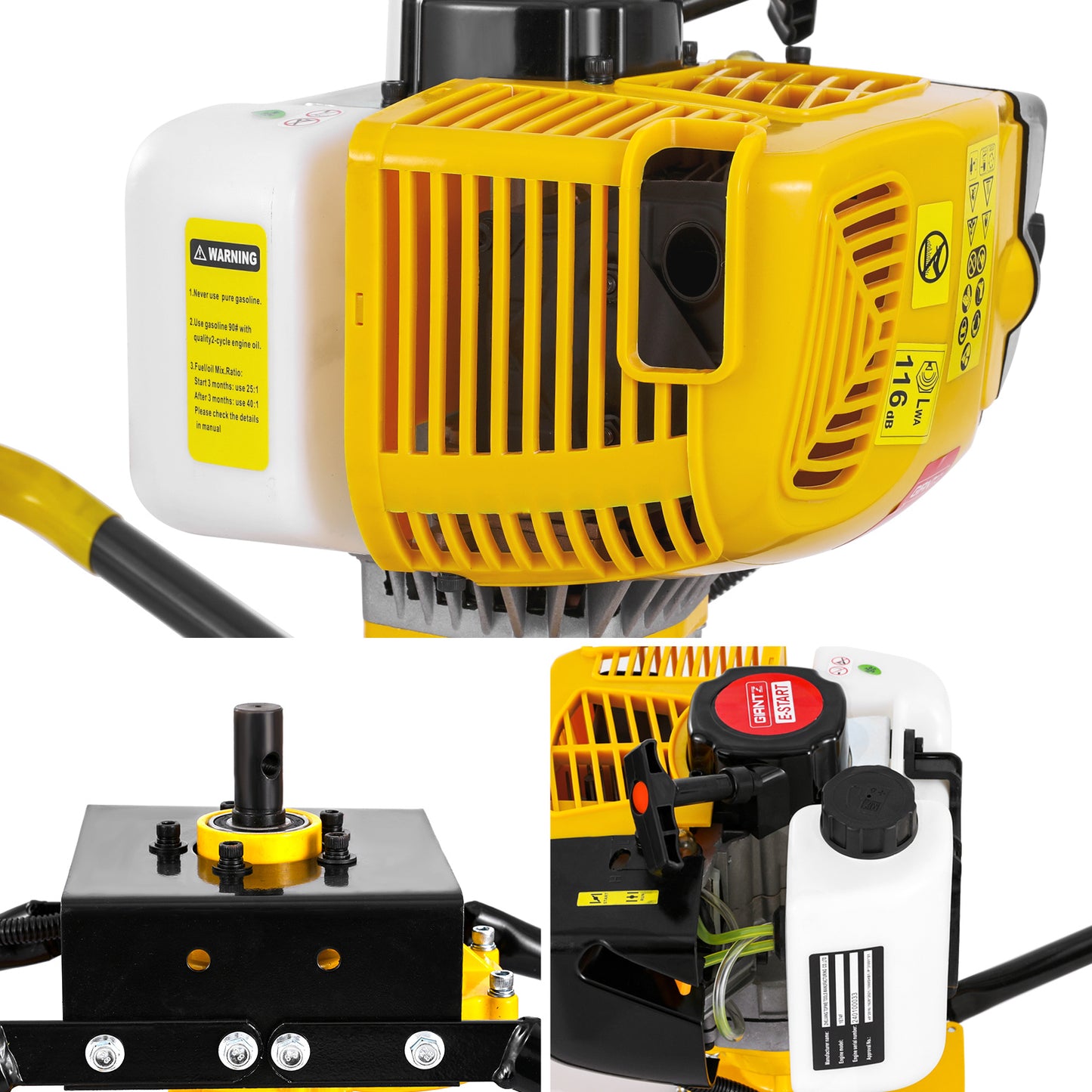 A yellow and black Giantz 74CC Post Hole Digger Motor Only Petrol Engine Yellow is shown. The device features heavy-duty steel construction, a white fuel tank on top, a yellow engine casing, and two large yellow handles with black grips on either side for stability and control.