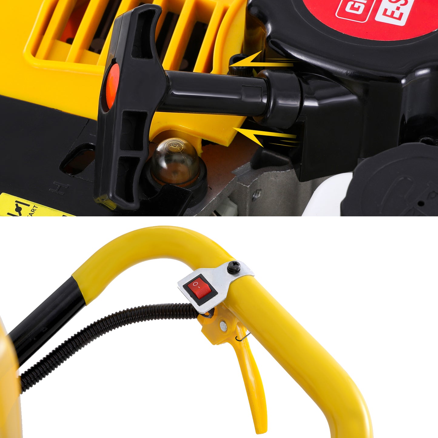 A yellow and black Giantz 74CC Post Hole Digger Motor Only Petrol Engine Yellow is shown. The device features heavy-duty steel construction, a white fuel tank on top, a yellow engine casing, and two large yellow handles with black grips on either side for stability and control.