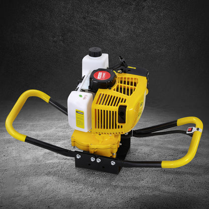 A yellow and black Giantz 74CC Post Hole Digger Motor Only Petrol Engine Yellow is shown. The device features heavy-duty steel construction, a white fuel tank on top, a yellow engine casing, and two large yellow handles with black grips on either side for stability and control.