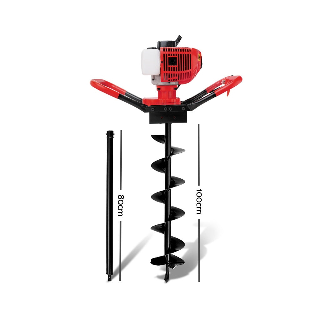 A four-panel image showcasing details of a Giantz 80CC Post Hole Digger 200mm Petrol Drill Extension Bits Auger. Top-left panel: Close-up of a 20mm auger mount. Top-right panel: Label indicating an 80CC petrol engine. Bottom-left panel: Text reads "Smart handle design for one or two-person use" next to the auger. Bottom-right panel: Text reads "Large fuel tank 1200ml capacity.