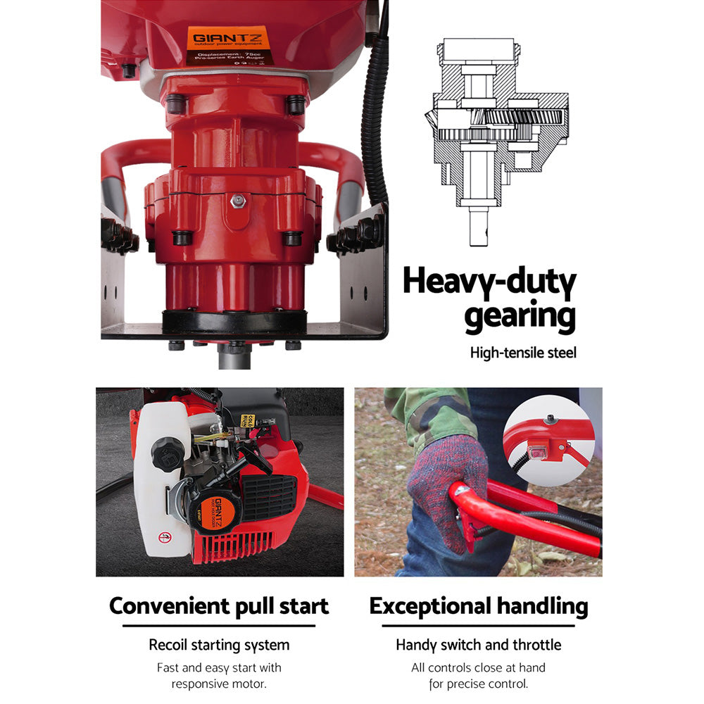 A four-panel image showcasing details of a Giantz 80CC Post Hole Digger 200mm Petrol Drill Extension Bits Auger. Top-left panel: Close-up of a 20mm auger mount. Top-right panel: Label indicating an 80CC petrol engine. Bottom-left panel: Text reads "Smart handle design for one or two-person use" next to the auger. Bottom-right panel: Text reads "Large fuel tank 1200ml capacity.