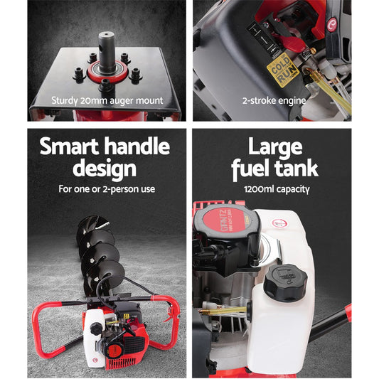 A four-panel image showcasing details of a Giantz 80CC Post Hole Digger 200mm Petrol Drill Extension Bits Auger. Top-left panel: Close-up of a 20mm auger mount. Top-right panel: Label indicating an 80CC petrol engine. Bottom-left panel: Text reads "Smart handle design for one or two-person use" next to the auger. Bottom-right panel: Text reads "Large fuel tank 1200ml capacity.