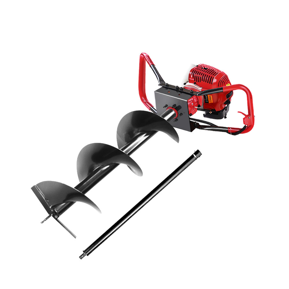 A red and black Giantz 80CC Post Hole Digger 300mm Petrol Drill Extension Bits Auger, featuring a vertical gearbox design and a large spiral drill bit. This handheld auger is powered by an 80CC petrol engine, has a two-handled grip for ease of operation, and includes an additional extension tube.