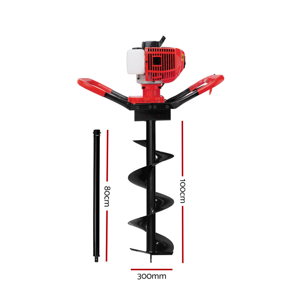 A red and black Giantz 80CC Post Hole Digger 300mm Petrol Drill Extension Bits Auger, featuring a vertical gearbox design and a large spiral drill bit. This handheld auger is powered by an 80CC petrol engine, has a two-handled grip for ease of operation, and includes an additional extension tube.