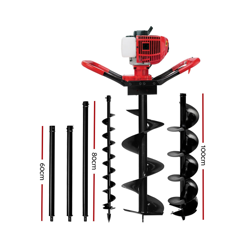 Close-up of a red engine, possibly a Giantz 80CC Petrol Post Hole Digger Drill Extension Auger Bits, with labeled ventilation features. The image highlights the large vent and premium housing for smooth air flow. Inset shows a person's finger pointing at the vent with text that says "Good ventilation" and "Premium housing." Nearby smoke indicates air flow.