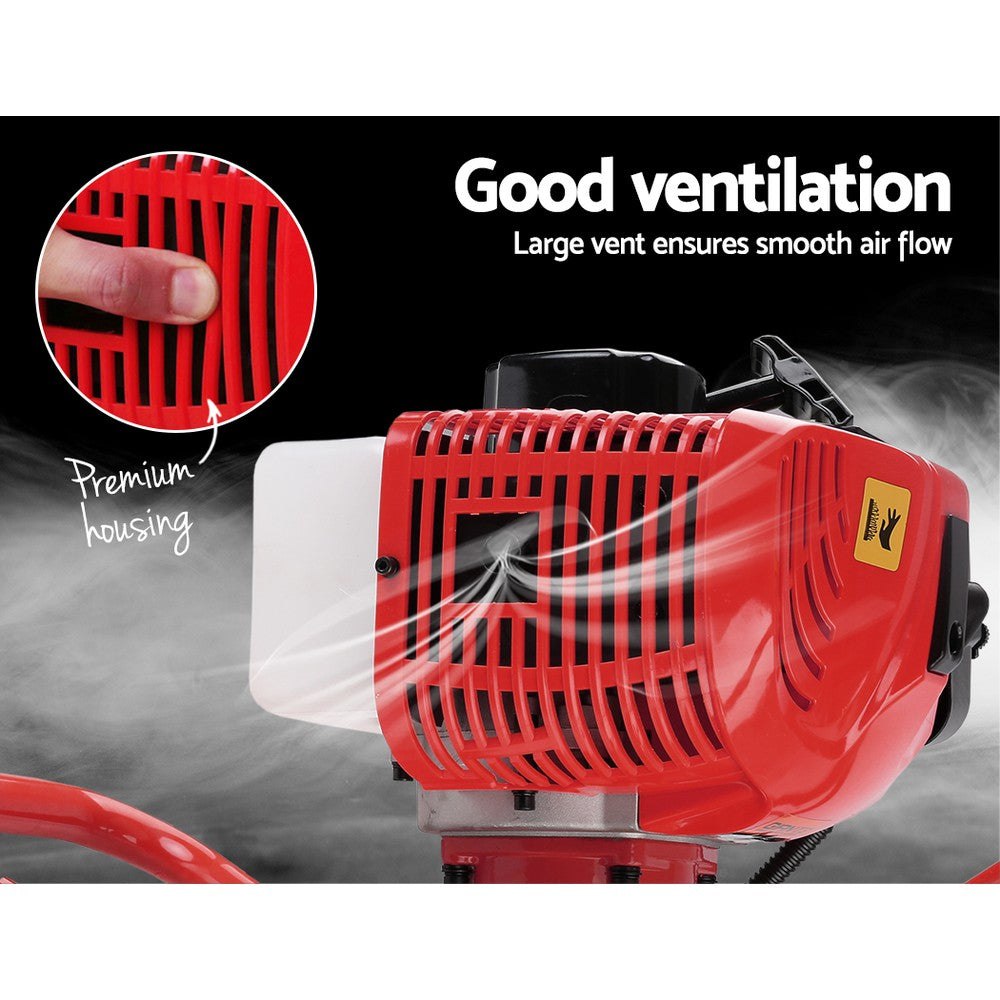 Close-up of a red engine, possibly a Giantz 80CC Petrol Post Hole Digger Drill Extension Auger Bits, with labeled ventilation features. The image highlights the large vent and premium housing for smooth air flow. Inset shows a person's finger pointing at the vent with text that says "Good ventilation" and "Premium housing." Nearby smoke indicates air flow.