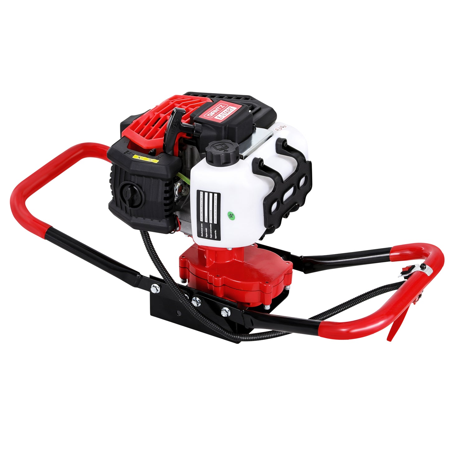 Giantz 65CC Post Hole Digger Motor Only Petrol Engine Red with a red handle frame, white fuel tank, black engine, and advanced gearbox design. The tool has a compact design and heavy-duty construction, perfect for drilling holes in the ground for posts.