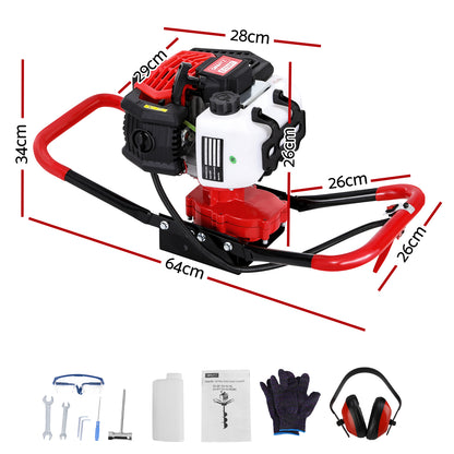 Giantz 65CC Post Hole Digger Motor Only Petrol Engine Red with a red handle frame, white fuel tank, black engine, and advanced gearbox design. The tool has a compact design and heavy-duty construction, perfect for drilling holes in the ground for posts.