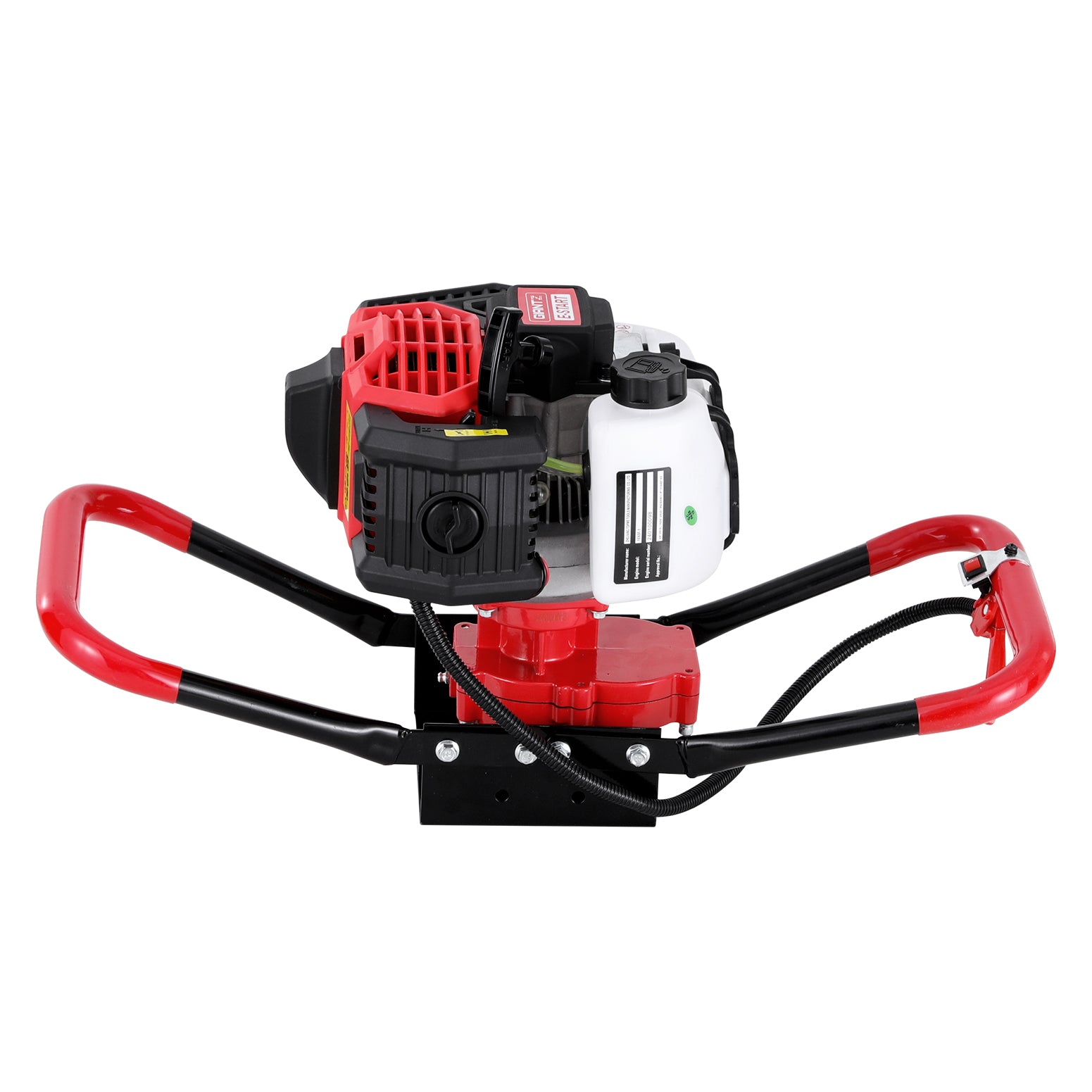 Giantz 65CC Post Hole Digger Motor Only Petrol Engine Red with a red handle frame, white fuel tank, black engine, and advanced gearbox design. The tool has a compact design and heavy-duty construction, perfect for drilling holes in the ground for posts.