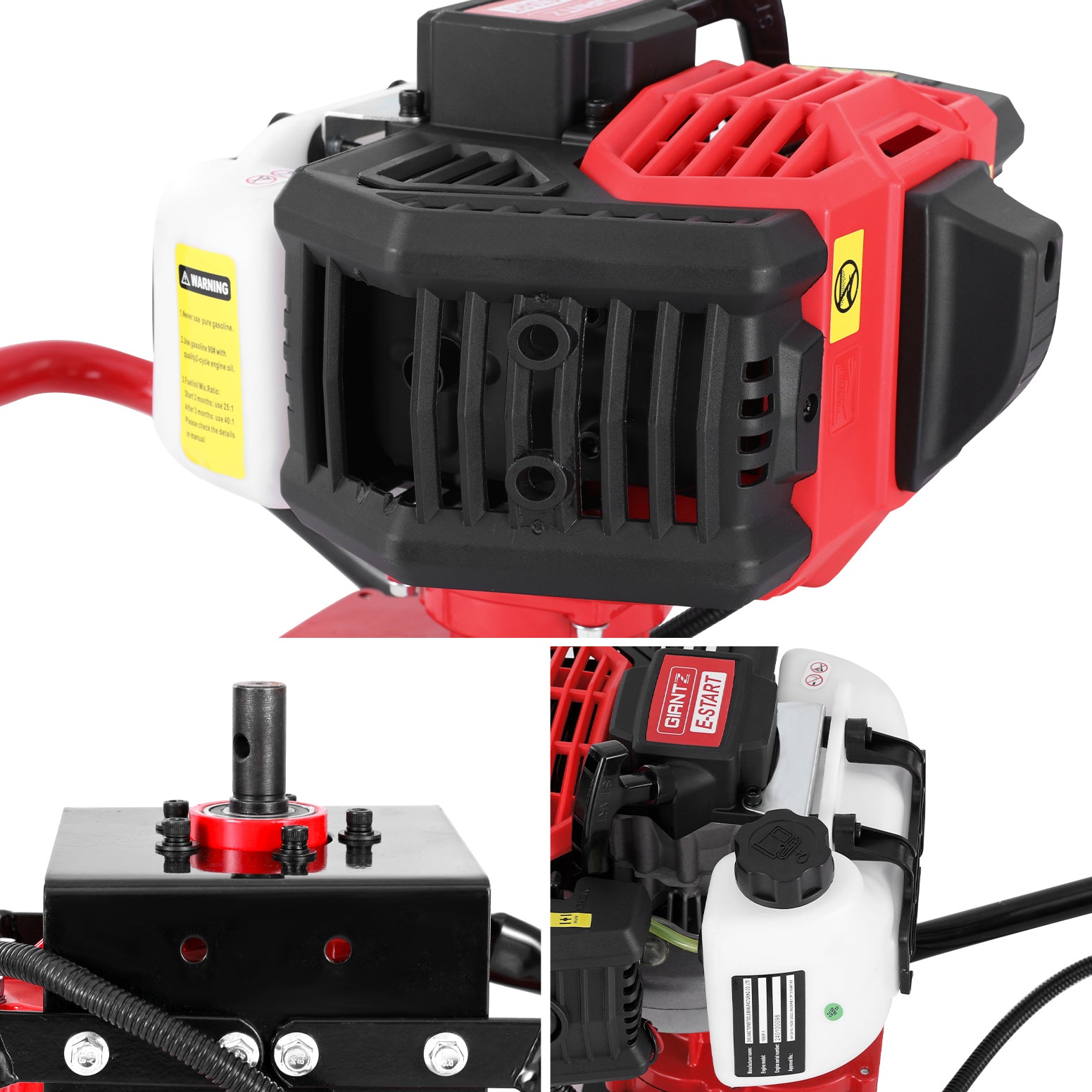 Giantz 65CC Post Hole Digger Motor Only Petrol Engine Red with a red handle frame, white fuel tank, black engine, and advanced gearbox design. The tool has a compact design and heavy-duty construction, perfect for drilling holes in the ground for posts.